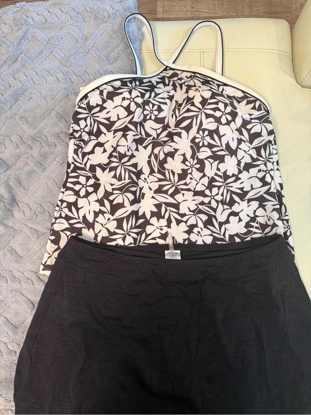 Lands' End Black and White Floral Tankini with Black Skirted Bottom